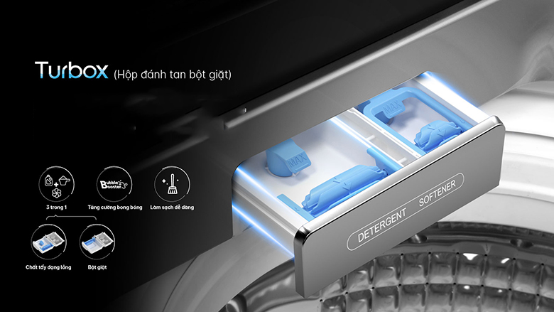Hộp đánh tan bột giặt TurboX-Máy giặt Aqua Inverter 11 kg AQW-DR110FT.PS lồng đứng
