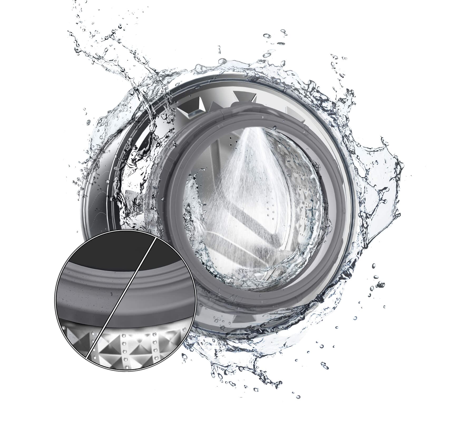 vn-feature-combo-wd10t734dbhs7-421527989 The washer drum is surrounded by clean water and water jets are cleaning the inside. Close-up image of a clean door gasket.