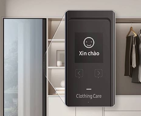 vn-feature-df60a8500cg-531927899 DF8000NM's Ai Control panel has Interactive Interface. Smile emoji and †Hello' message displays on the Clothing care panel.