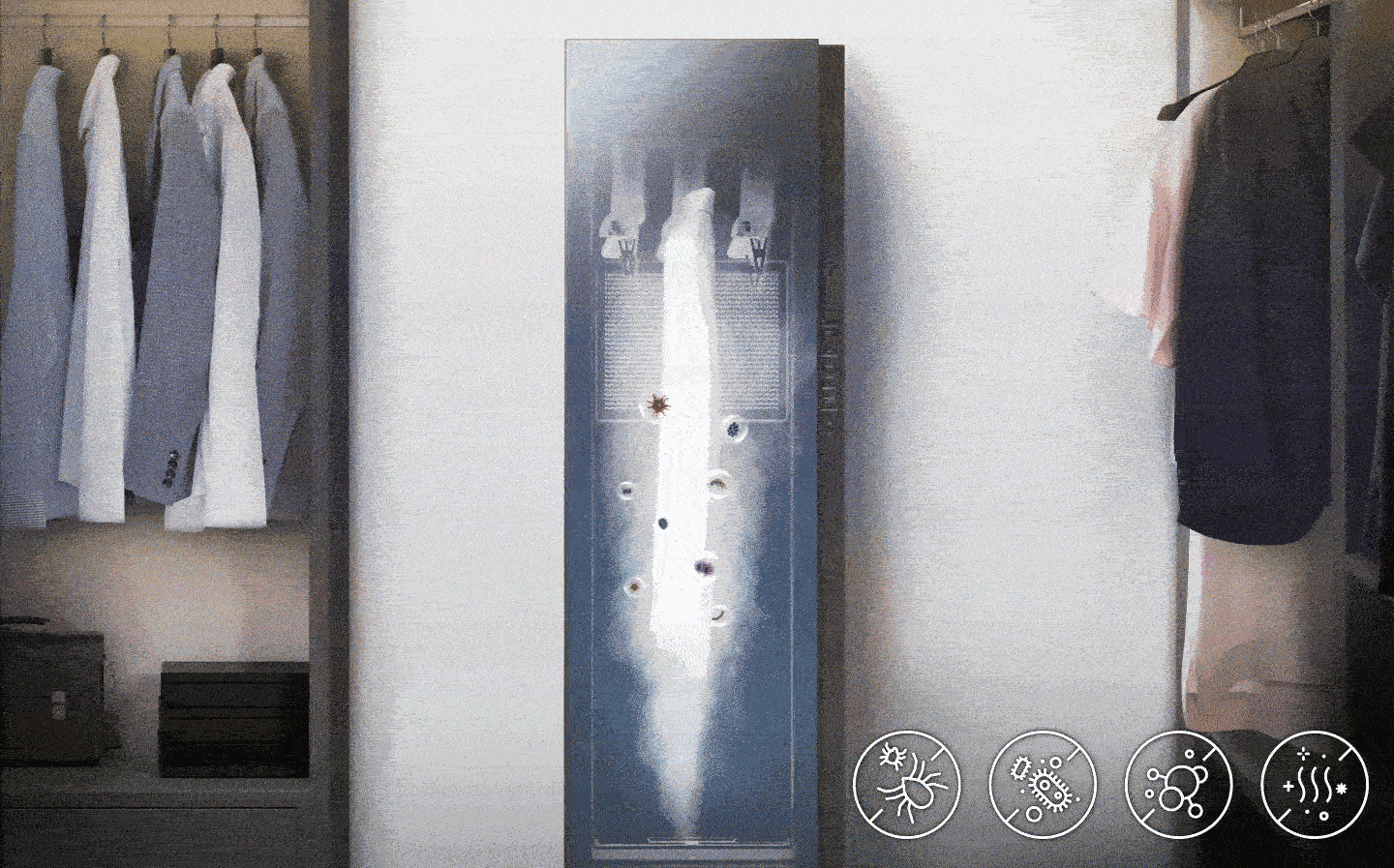 vn-feature-df60a8500cg-532314516 The steam is ejected from the bottom up, and the steam eliminates the house dust mite, bacteria, and virus from any clothes.