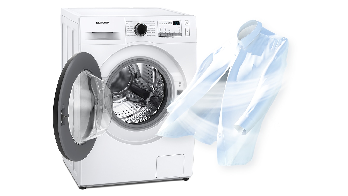 vn-feature-sanitize-with-air-426091056 To show cleanliness, a strong air current is being blown to a white shirt where it stands next to an open dryer door.