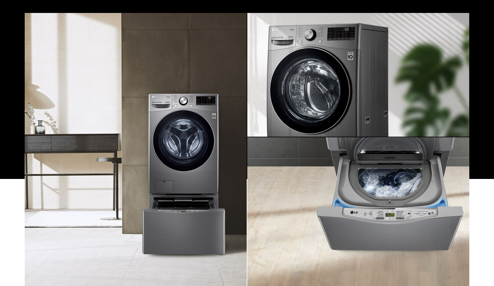 wm-topgun2-silver-06-1-twinwash-d Một ảnh ghép cho thấy máy giặt tương thích TWINWash Mini trong một ngôi nhà theo phong cách hiện đại. Hình ảnh chụp mặt trước của máy giặt với cửa đang đóng và hai hình ảnh chụp ngăn dưới đang mở.