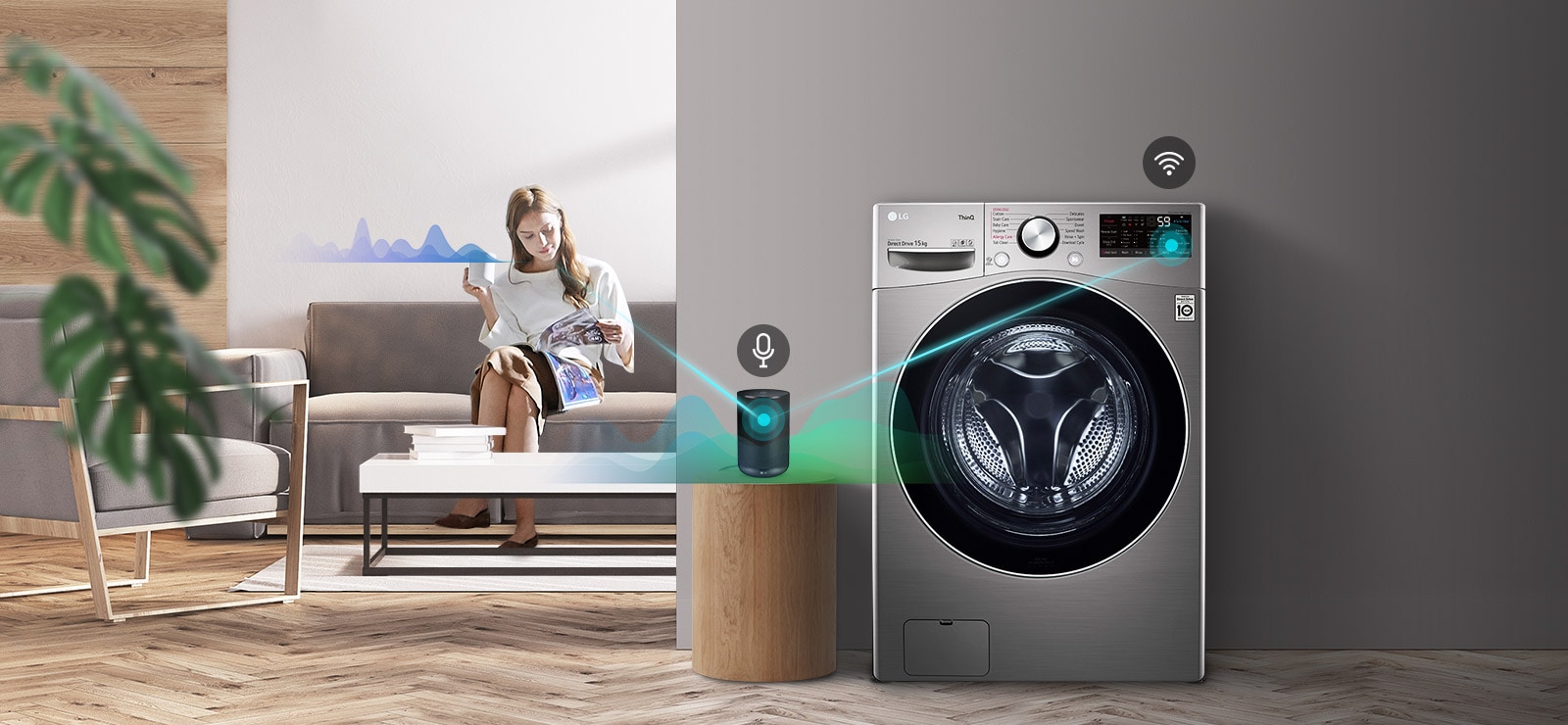 wm-topgun2-silver-07-2-voice-control-d Ba biểu tượng ở trên cho biết có ba hình ảnh trong vòng tròn. Biểu tượng thứ nhất có nhãn "Điều khiển bằng giọng nói", màu đỏ. Một đoạn phim chiếu cảnh một người phụ nữ đang đọc sách trên ghế sofa. Biểu tượng sóng âm thanh xuất hiện bên cạnh cô ấy gần cô ấy và sau đó là một đường thẳng từ cô ấy đến loa AI, nơi một micrô xuất hiện và một biểu tượng sóng âm thanh khác chuyển động. Một đường thẳng khác sau đó nối loa với máy sấy, ở chỗ máy sấy xuất hiện một biểu tượng Wifi.